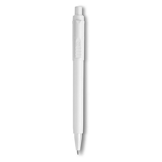 BEXER Plastové kuličkové pero značky Stilolinea s bílým tělem a barevnými detaily, modrá náplň, bílé