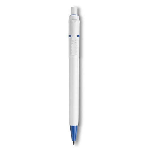 BEXER Plastové kuličkové pero značky Stilolinea s bílým tělem a barevnými detaily, modrá náplň, světle modré