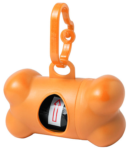 ELIR Plastový zásobník ve tvaru kosti s 15 pytlíky na psí exkrementy s karabinkou, oranžová