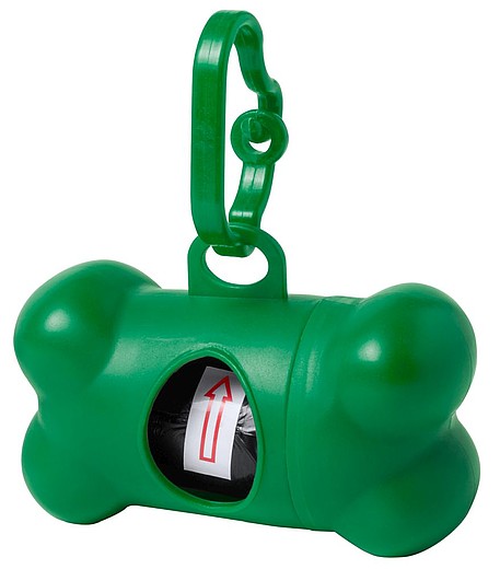 ELIR Plastový zásobník ve tvaru kosti s 15 pytlíky na psí exkrementy s karabinkou, zelená