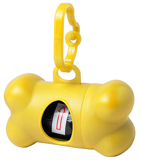 ELIR Plastový zásobník ve tvaru kosti s 15 pytlíky na psí exkrementy s karabinkou, žlutá