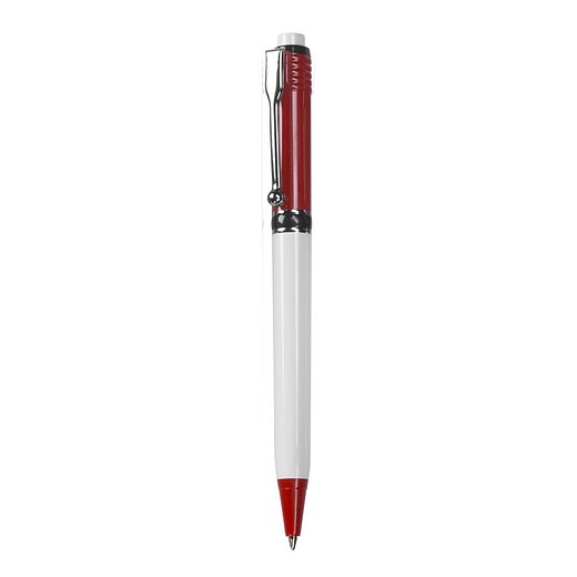 HELIS Plastové kuličkové pero značky Stilolinea s bílým tělem a barevnými detaily, modrá náplň, červené