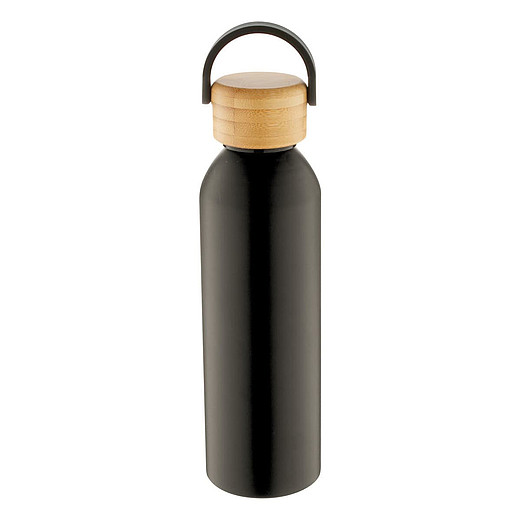 SANGAY Hliníková sportovní láhev s bambusovým víčkem, 600 ml, černá