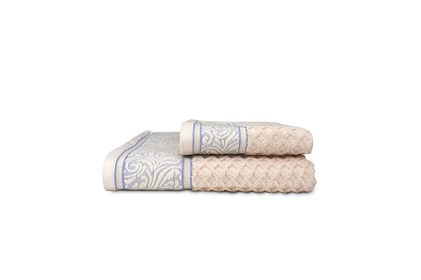 WINTER Set luxusních ručníků se zdobenou bordurou 60x110 a 30x50 cm, 600 g, lososová/tm. modrá