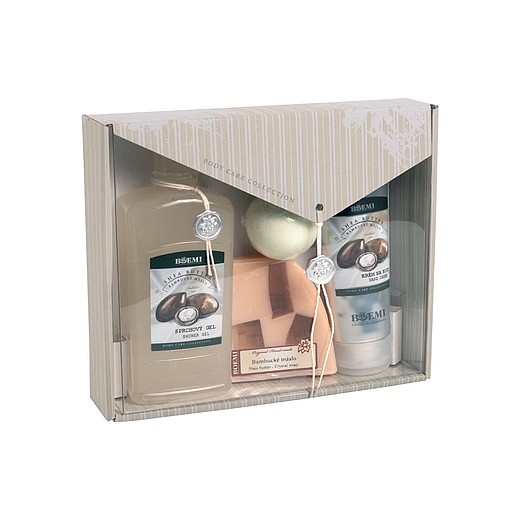 BAMÁS Dárková kazeta Body care collection z bambuckého másla - sprchový gel, krém na ruce, křišťálové mýdlo a šumivá koupelová koule