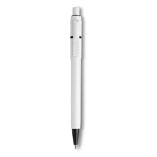 BEXER Plastové kuličkové pero značky Stilolinea s bílým tělem a barevnými detaily, modrá náplň, černé