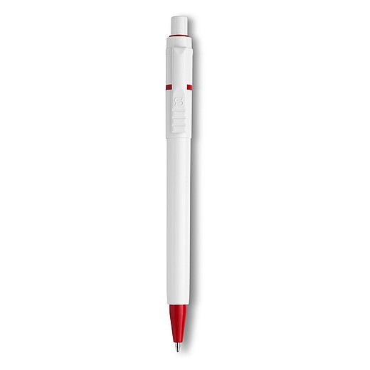 BEXER Plastové kuličkové pero značky Stilolinea s bílým tělem a barevnými detaily, modrá náplň, červené