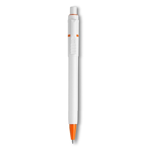 BEXER Plastové kuličkové pero značky Stilolinea s bílým tělem a barevnými detaily, modrá náplň, oranžové