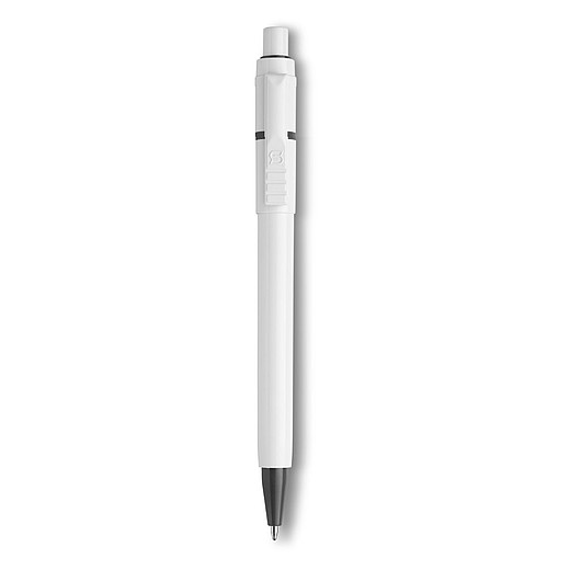 BEXER Plastové kuličkové pero značky Stilolinea s bílým tělem a barevnými detaily, modrá náplň, šedé
