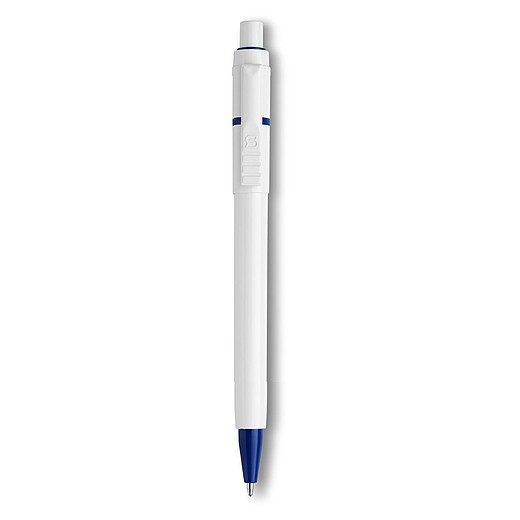 BEXER Plastové kuličkové pero značky Stilolinea s bílým tělem a barevnými detaily, modrá náplň, tmavě modré
