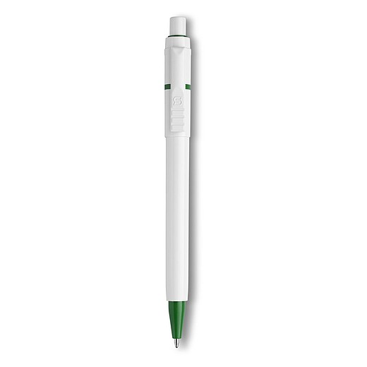BEXER Plastové kuličkové pero značky Stilolinea s bílým tělem a barevnými detaily, modrá náplň, zelené