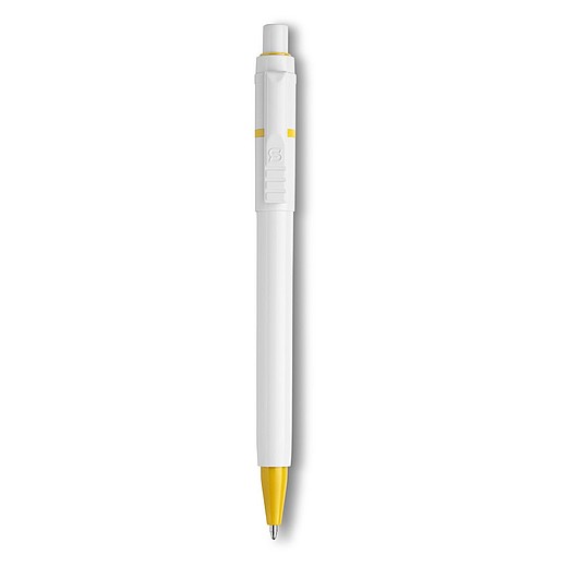 BEXER Plastové kuličkové pero značky Stilolinea s bílým tělem a barevnými detaily, modrá náplň, žluté