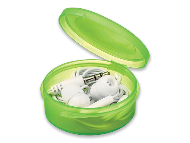 BUD plastová sluchátka s JACK kabelem v plastové krabičce, Světle zelená