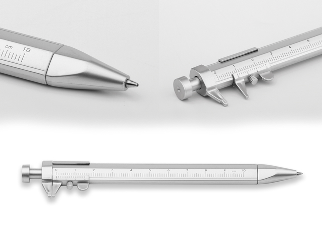 CALLIPER plastové kuličkové pero s posuvným měřidlem, modrá náplň, Stříbrná