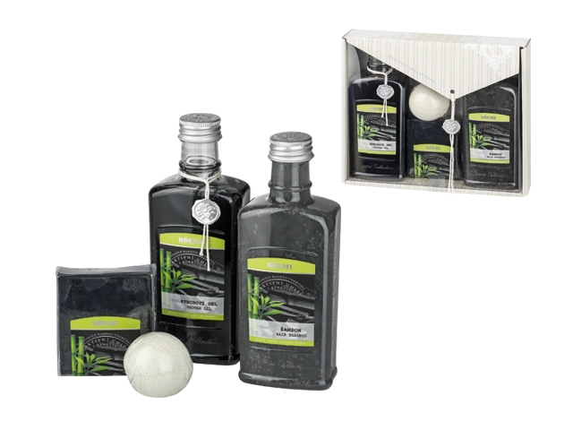CARBONE SET kosmetická sada s aktivním uhlím-sprch. gel,šampon,mýdlo, šum. kou, Černá