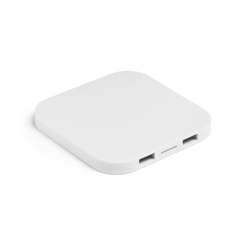 CAROLINE. Superrychlá 15W bezdrátová nabíječka s HUB 2 USB-A porty z recyklovaného ABS (60% rABS), bílá
