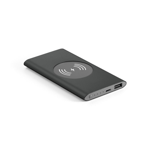 černá CASSINI. Powerbanka 4 000 mAh s 5W bezdrátovou nabíječkou ze recyklovaného hliníku (100% rAL), černá