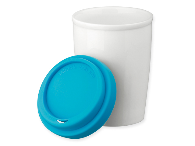 DUWAL porcelánový hrnek s dvojitou stěnou a silikonovým víčkem, 280 ml, Světle modrá