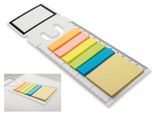 GARAN plastová záložka s funkcí pravítka s barevnými lepicími papírky, Bílá