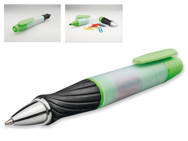 GRAND plastové kuličkové pero 3 v 1, modrá náplň, zvýrazňovač, 8 sponek, Světle zelená