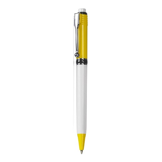 HELIS Plastové kuličkové pero značky Stilolinea s bílým tělem a barevnými detaily, modrá náplň, žluté