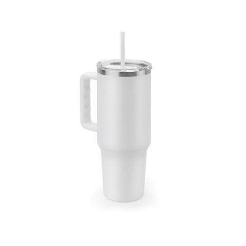 JOYNER XL. Velký cestovní hrnek z nerezové oceli (91 % recyklovaný) s vakuově izolovanou dvojitou stěnou a matným povrchem 1300 ml, bílá
