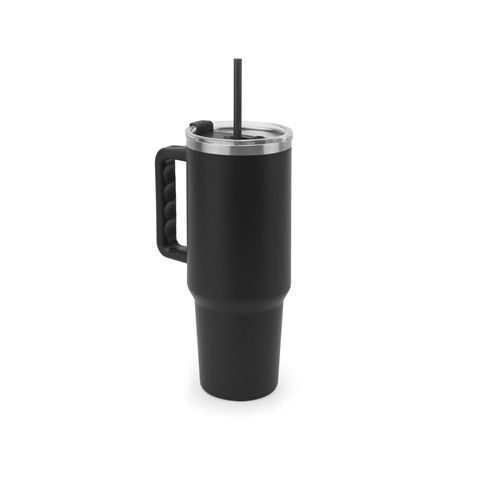 JOYNER XL. Velký cestovní hrnek z nerezové oceli (91 % recyklovaný) s vakuově izolovanou dvojitou stěnou a matným povrchem 1300 ml, černá