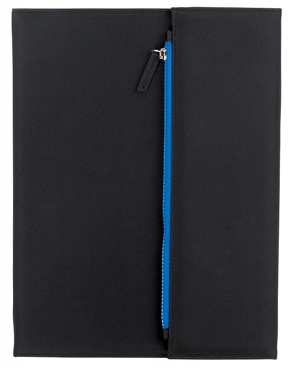 KOLIBA Černá sloha velikosti A4 s blokem a kapsou na šedý zip, modrá
