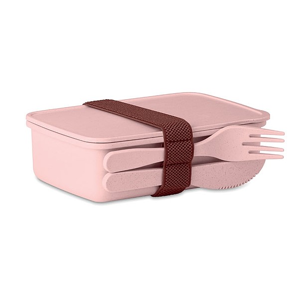 LANCHEDA Bambusová krabička na oběd s nožem a vidličkou, růžová