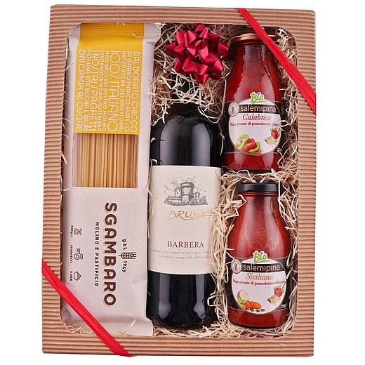 LATIS Dárková sada červeného vína, rajčatových omáček Siciliana a Calabrese a špaget v dárkové krabici se stuhou