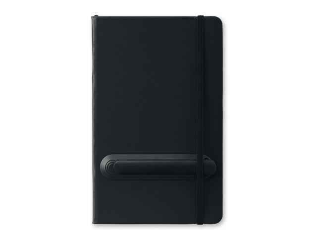 LINKED poznámkový zápisník s gumičkou a plastovým perem, Černá