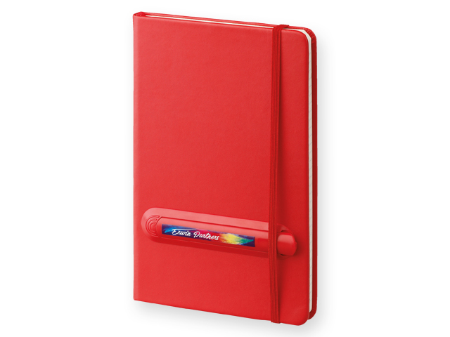 LINKED poznámkový zápisník s gumičkou a plastovým perem, Červená