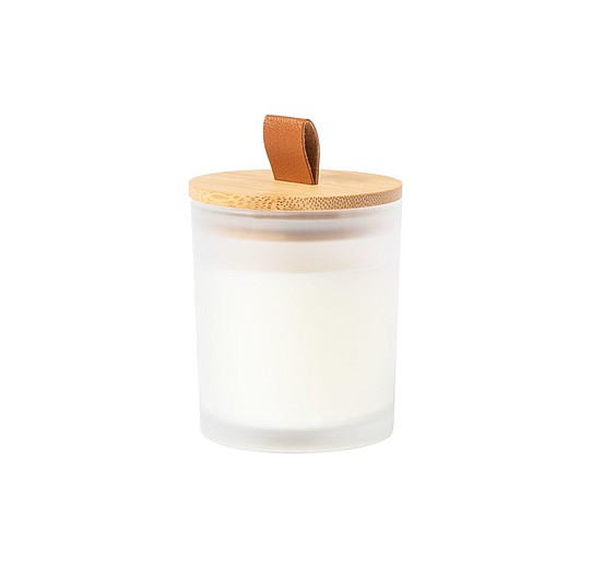 LUNA Vosková vonná svíčka na rostlinné bázi ve skleněné nádobce s bambusovým víčkem, bílá (vanilka)