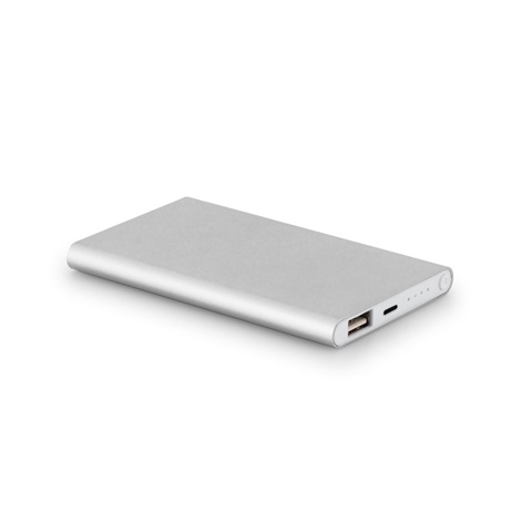 MARCET. Powerbanka slim 4 000 mAh z recyklovaný ABS (70 % rABS) a recyklovaný hliník (30 % rAL), saténově stříbrná
