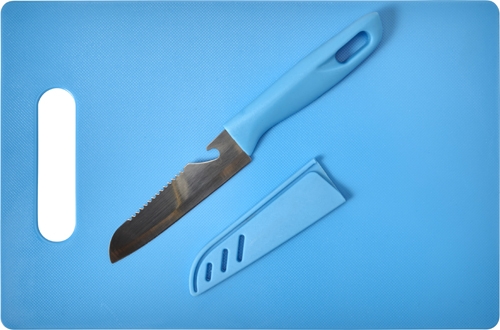 MAZERA Kuchyňská sada plastového nože s kovovou čepelí a plastového krájecího prkénka, modrá