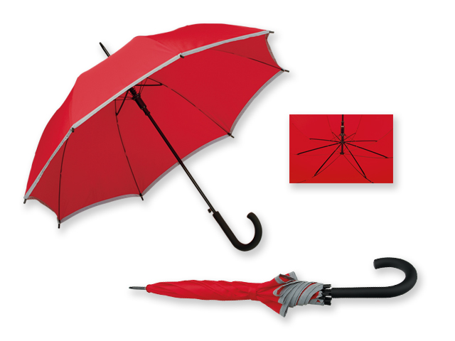 MEGAN polyesterový vystřelovací deštník s reflexním pruhem, 8 panelů, Červená