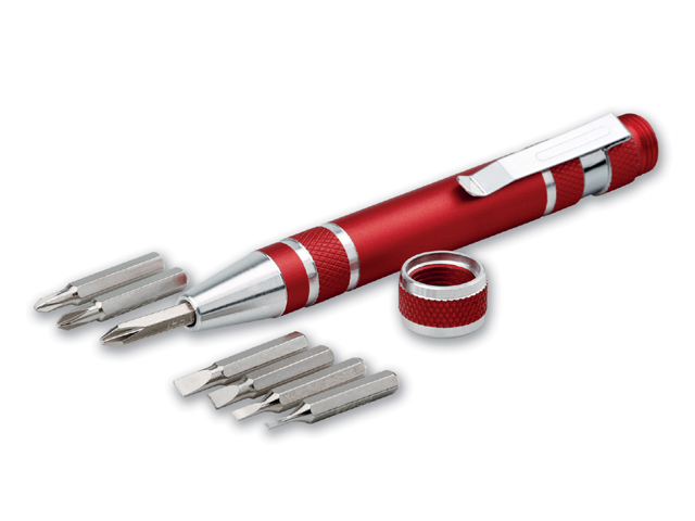 MONTER kovový šroubovák ve tvaru tužky s 8 funkcemi, Červená