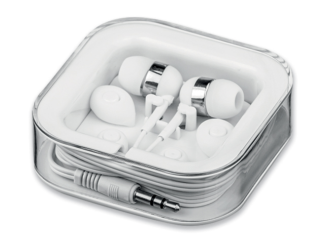 MULTIBUD plastová audio sluchátka s JACK kabelem a sadou ušních nástavců, Bílá