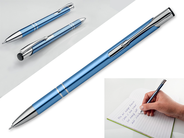 OLEG SLIM kovové kuličkové pero, modrá náplň 0,5 mm s nízkou viskozitou, Světle modrá