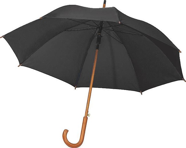 PERIL Automatický deštník s dřevěnou rukojetí, RPET, černý