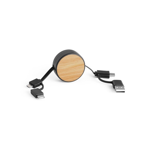 černá RUBINS. Zatahovací USB kabel 6 v 1 z recyklovaného ABS (100% rABS) a bambusu, černá