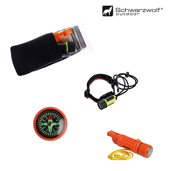 SCHWARZWOLF NIKARAGUA survival set - kompas s píšťalkou, termoizolační folie a světlo Aton