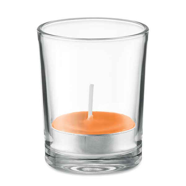 SILIA Vonná čajová svíčka ve svícnu ze skla, oranžová