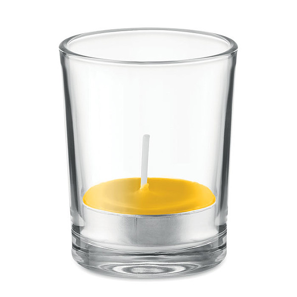 SILIA Vonná čajová svíčka ve svícnu ze skla, žlutá