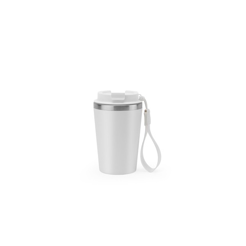 SPITZ. Cestovní hrnek z nerezové oceli (90 % recyklované) a vnější stěnou z PP, s matným povrchem 440 ml, bílá