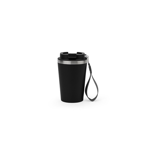 SPITZ. Cestovní hrnek z nerezové oceli (90 % recyklované) a vnější stěnou z PP, s matným povrchem 440 ml, černá