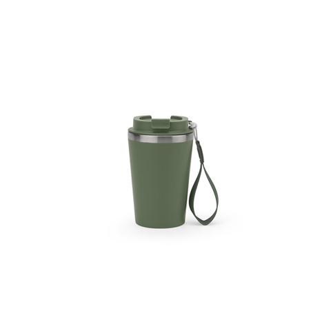 SPITZ. Cestovní hrnek z nerezové oceli (90 % recyklované) a vnější stěnou z PP, s matným povrchem 440 ml, vojenská zelená